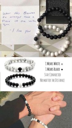 three different bracelets with black and white beads, one has a message on it