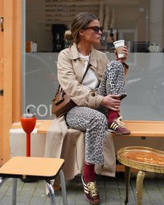 Adidas Sl 72 Woman Outfit, Leopard Pants Street Style, Sezane Loulou Trousers, Chic Leopard Print Trousers, Adidas Sl 72, Hipster Chic, Envy Clothing, Work Wardrobe, Street Style Inspiration