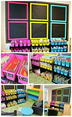 there are many different pictures of classroom supplies in the store, including bins and chalkboards