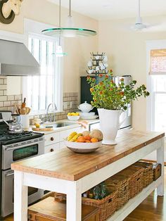 a bowl of fruit is on the kitchen island