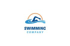 the logo for swimming company with a swimmer in the water and an orange circle around it