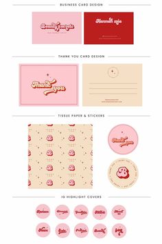 a bunch of pink and red business cards with different designs on them, including the words thank