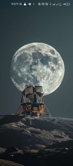 an image of the moon with a telescope on it's side and some clouds in the background