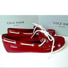 Cole Haan Women’s Nantucket Camp Moccasin Red Patent Leather Slip On Flat Loafer Shoes Us 7. New! Classic, Preppy Look In A Stunning Red And White Design. White Laces. Casual Flat Loafers With Red Sole, Red Closed Toe Casual Loafers, Red Casual Summer Loafers, Animal Print Flats, Leather Boat Shoes, Brown Leather Loafers, Classic Preppy, Leather Loafer Shoes, Women's Slip On Shoes