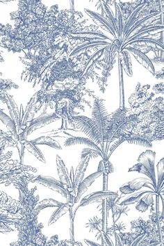 a blue and white tropical wallpaper with palm trees, plants and people in the distance