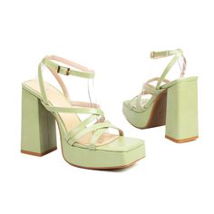 Material: Vegan Leather Pattern: Solid Color Available Colors: White, Pink, Black, Green, Yellow Suitable Season: Summer Heel Height: 5.11 inches (130 mm) Platform: 1.18 inches (30 mm) Toe Style: Square Toe Heel Style: Chunky Heel Style: Sandal Pumps Closure Type: Ankle Strap HandcraftedUS sizing. Fits true to size.Please note that measurements may vary by size. Green Synthetic Sandals With Chunky Platform, Trendy Green Heels With Buckle Closure, Green Block Heel Sandals With Buckle Closure, Green Chunky Platform Heels With Closed Toe, Green Chunky Platform Sandals With Round Toe, Green Platform Sandals With Ankle Strap, Green Ankle Strap Platform Sandals, Green Chunky Platform Heels For Spring, Green High Heel Sandals With Buckle Closure