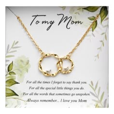 two interlocked rings necklace with the words to my mom on it, in gold