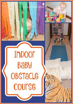 an indoor baby obstacle course with pictures of toys and children's play area in the background