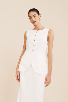 EMMA VEST - IVORY Chic White Linen Workwear Dress, Chic White Linen Dress For Work, Sleeveless Linen Dress With Fitted Bodice, Elegant Sleeveless Linen Dress For Daywear, Chic Linen Dress With Fitted Bodice, Classic Sleeveless Linen Dress, Elegant Sleeveless Linen Dress, Feminine Fitted Linen Daywear Dress, Elegant White Sleeveless Linen Dress