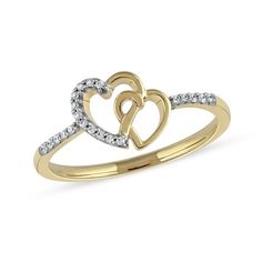 Express your romantic style with this sweet diamond double heart ring in gold-plated sterling silver. Fashioned in sterling silver with 14K gold plate Smaller and larger heart outlines entwine at the center. Diamonds artfully line the design in sparkle. This ring captivates with 1/20 ct. t.w. of diamonds. Double Heart Ring With Diamond Accents For Anniversary, Anniversary Double Heart Ring With Diamond Accents, Gold Double Heart Fine Jewelry Ring, Gold Diamond Ring For Valentine's Day, Valentine's Day Gold Diamond Ring In Fine Jewelry Style, Valentine's Day Gold Ring With Diamond Accents, Gold Double Heart Diamond Ring, Gold Diamond Double Heart Ring, Elegant Double Heart Yellow Gold Ring