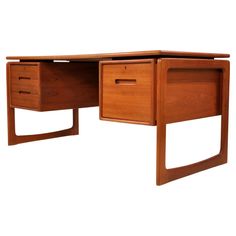 a wooden desk with two drawers on each side and one drawer at the top that is open