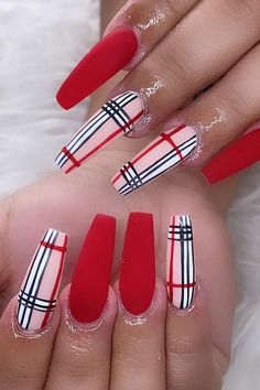 Red Burberry Nails, Red Coffin Nails, Burberry Nails, Red Coffin, Glow Nails, Red Nail Designs, Long Acrylic Nails Coffin