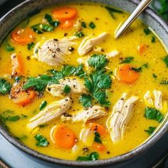 a bowl of soup with chicken and carrots