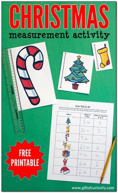 christmas measurement activity for kids with free printable worksheet and pencils on the table