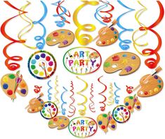 an assortment of party decorations including streamers, balloons and confetti on a white background