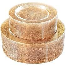 three pieces of gold glittered plastic tape on top of each other, with one piece in the middle