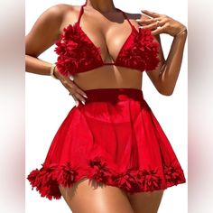 117. Red Three Piece Bikini Set Summer Time Fun Skirt Coverup, Skirted Swimsuit, Triangle Swimsuit, Beach Skirt, Triangle Bra, Swimsuits Halter, Red Collar, Swim Suit Bottoms, Long Sleeve Crop Top