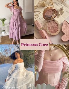 a collage of photos with princess's pink outfits and accessories in the foreground