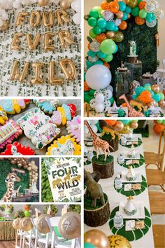 a collage of photos with balloons and decorations