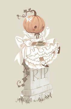 a drawing of a baby in a dress on top of a tombstone with a pumpkin