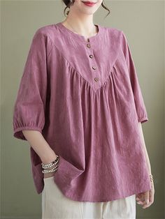 Description Product ID: TP2051468 Material: Cotton, Linen Pattern: Solid Closure: Pullover Season: Summer Style: Fashion, Casual Occasion: Holiday, Party, Daily Package included 1 * Shirt Size Chart (Asian Size): Please allow 1-3 cm measured error. Size Length Chest Sleeve Length M 62cm | 24.4 in 104cm | 40.9 in 42cm | 16.5 in L 63cm | 24.8 in 108cm | 42.5 in 43cm | 16.9 in XL 64cm | 25.2 in 112cm | 44.1 in 44cm | 17.3 in XXL 65cm | 25.6 in 116cm | 45.7 in 45cm | 17.7 in 3XL 66cm | 26.0 in 120cm | 47.2 in 46cm | 18.1 in Casual Purple Half Sleeve Tops, Shirts For Women Stylish, Cotton Tops Designs, Long Shirt Women, Stylish Kurtis Design, Linen Pattern, Linen Top Women, Womens Trendy Dresses, Fashion Top Outfits