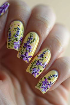 Yellow And Lavender Floral: Nail Designs For A Yellow Dress Purple And Yellow Nail Art, Purple Yellow Nails, Yellow Floral Nails, Elegant Nail Ideas, Dandelion Nail Art, Floral Nail Design, Luv Nails, Yellow And Lavender