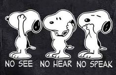 three cartoon dogs with the words no see, hear and speak written in white on a black background