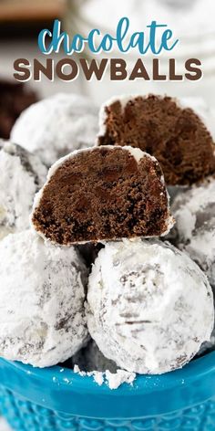 chocolate snowballs are stacked on top of each other in a blue bowl with text overlay