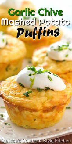 garlic chive mashed potato puffs on a white plate with text overlay