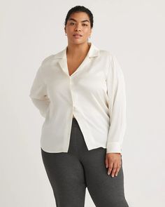 Washable Stretch Silk Notch Collar Blouse - Plus Size Perfect Blouse, Silk Camisole, Quarter Zip Sweater, Notch Collar, Just Run, Silk Skirt, Beautiful Blouses, Collar Blouse, Notched Collar