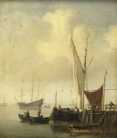 a painting of boats in the water with people standing on one side and another boat at the other