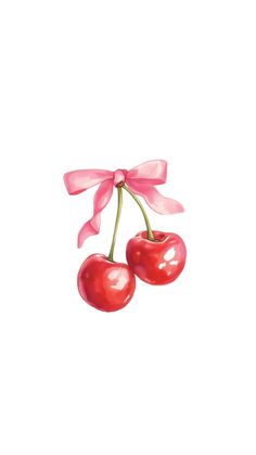 two cherries with pink ribbon on white background