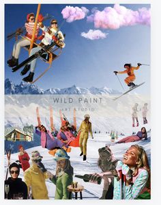 a collage of skiers and snowboarders in the air with mountains behind them