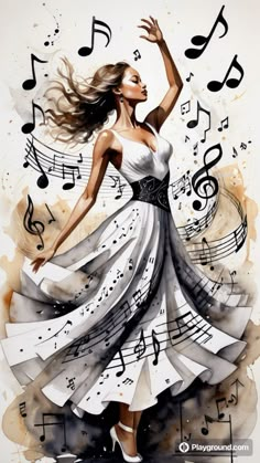 a painting of a woman in a dress with musical notes around her neck and arms