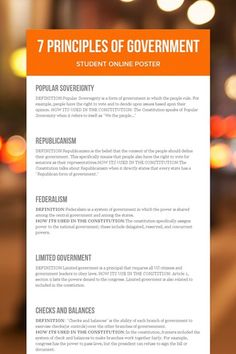 an orange and white resume with the words, 7 principals of government student online poster