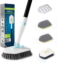 a white and black brush with three different cleaning products in front of the package on a white background