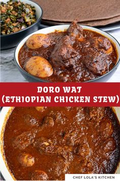 two pictures with different types of food in them and the words doro wat ethiopian chicken stew