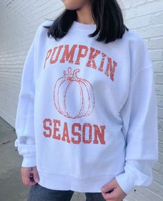 Pumpkin season is the best season! 🧡 White School Spirit T-shirt For Everyday, Ribbed Cotton T-shirt For Fall, White Crew Neck T-shirt For Spring, White Tops For Fall School Spirit, White Tops For School Spirit In Fall, White Soft-washed T-shirt For Fall, Soft-washed White T-shirt For Fall, Basic White T-shirt For Fall, Pumpkin Season