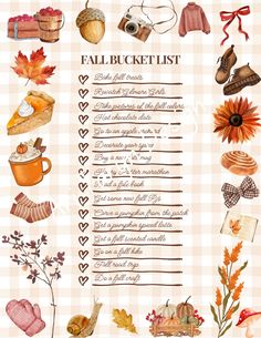 a fall bucket list with autumn items and leaves on the top, in watercolor