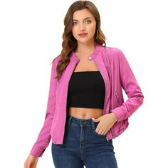 Refresh your Moto jacket collection with this lightweight jacket. Simple and understated, designed with a stand collar and center-front zip closure, making it versatile for styling up and down. It boasts button embellishments across the cuffs and neckline, inspired by the classic biker design. A contemporary join on a classic design, pair it this with jeans or over a dress for a chic outfit. Chic Pink Long Sleeve Biker Jacket, Pink Fitted Long Sleeve Biker Jacket, Chic Fitted Pink Biker Jacket, Luxury Fitted Pink Biker Jacket, Pink Moto Jacket, Womens Moto Jacket, Suede Biker, Moto Biker Jacket, Woman Standing