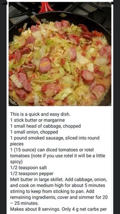 the recipe for cabbage and sausage skillet is shown in an email post, with instructions to make it