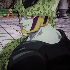 an anime character wearing a green and black helmet with other characters in the back ground