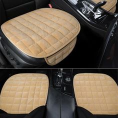 two pictures of the inside of a car with beige carpet and black leather seats, one showing