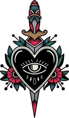 an all seeing heart tattoo design with roses and hearts on the front, eye in the middle