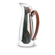 a stainless steel pitcher with brown leather handles on a white background, the pitcher is shaped to look like a water pitcher