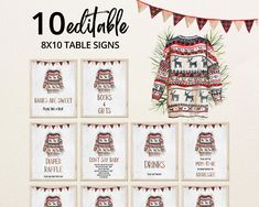 a set of eight christmas sweater table signs