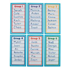 four groups of name tags in blue and orange with the words group 1 on them