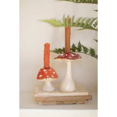 two small mushrooms sitting on top of a book next to a fern plant and candle holder