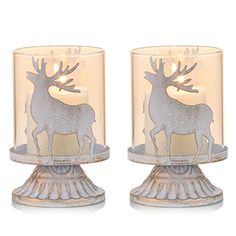 two clear glass candlesticks with an image of a deer on the front and back