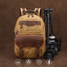 Woosir Photography Backpack with Trolley Sleeve Functional Waxed Canvas Shoulder Backpack, Waxed Canvas Large Capacity Backpack, Waxed Canvas Rectangular Backpack For Adventure, Luxury Brown Waxed Canvas Backpack, Rectangular Brown Waxed Canvas Backpack, Molle Backpack, Backpack Photography, Camera Backpack, Gear Organizer